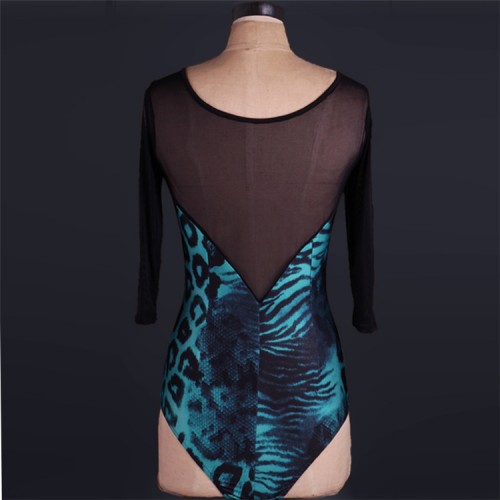 Black velvet turquoise see though back sexy women's female  competition gymnastics performance ballroom latin salsa dance tops bodysuits